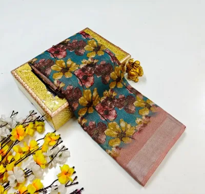 All-Over Floral Print with Leaf Motifs Soft Linen-Cotton Saree